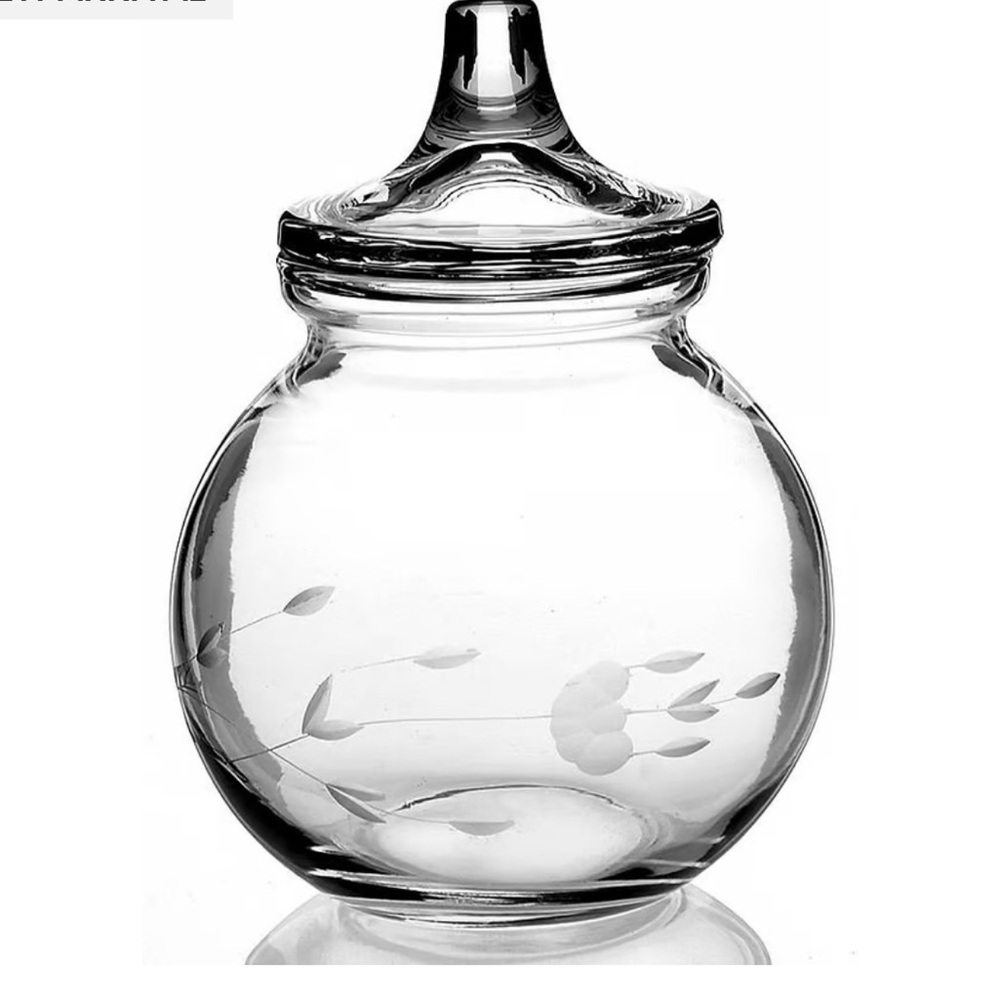 Vintage Blown Glass Cotton Ball Jar or Spice Jar Etched Glass